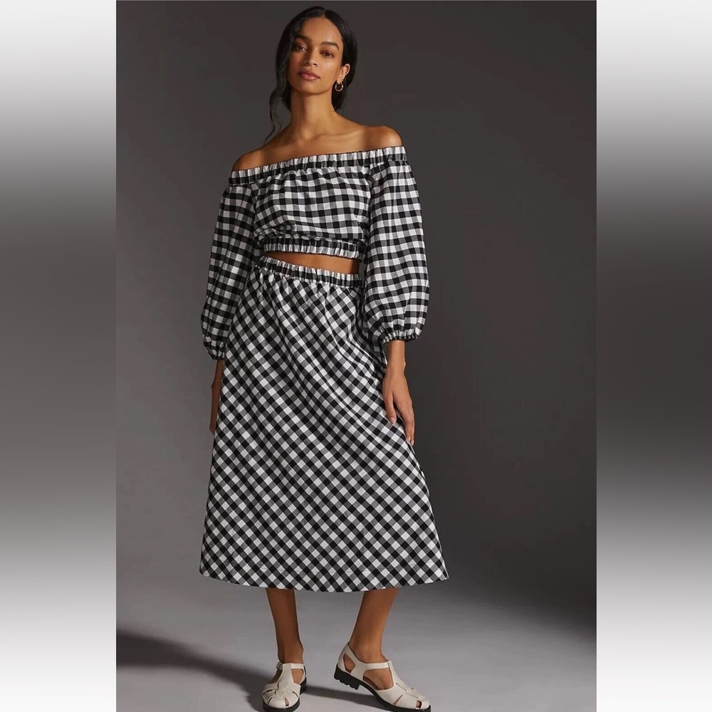 NWT Anthropologie Maeve Gingham Crop Top Midi Skirt Set Black White SIZE SMALL